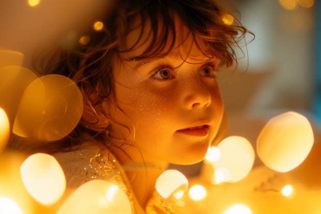 Creative Highlights Symbolfotos A festive close-up of a child illuminated by soft golden fairy lights, capturing the magic of Christmas The glowing lights and dreamy bokeh effect evoke the wonder and joy of the holiday season Model Released PedroGranda_ID24630_713782_004 Copyright: xPedroxGrandax RECORD DATE NOT STATED