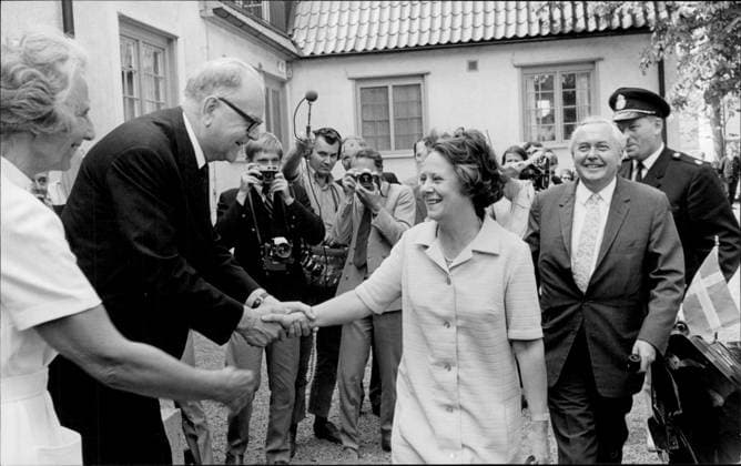 Harpsund 1969-07-06 Brittiske premiärministern Harold Wilson besöker Harpsund tillsammans med hustrun Mary och hälsas välkomna av statsminister Tage Erlander (S) och hans hustru Aina. Flen Sverige x12014x  Copyright: xRagnhildxHaarstad SvD TTx HARPSUND WILSON-ERLANDER