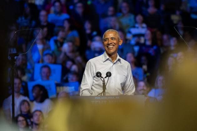 Former President Barack Obama, musician Bruce Springsteen, and singer John Legend join forces at a rally in Philadelphia, captivating a crowd in support of Vice President Kamala Harris in Philadelphia, Pennsylvania, on Monday, October 28, 2024.  TEM20241028019 DAVIDxMUSE