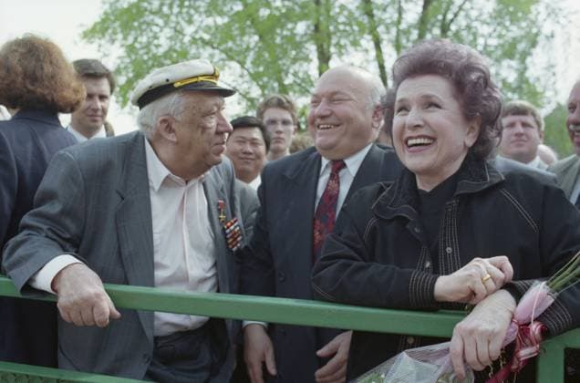 MOSCOW, RUSSIA. May 8, 1996. Actor Yuri Nikulin, mayor of Moscow Yury Luzhkov and famous singer Galina Vishnevskaya participate in the official opening of Moscow Zoo held at the main entrance of the zoo. Oleg Buldakov TASS  18086548