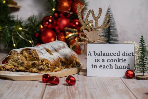 Greeting card with message A BALANCED DIET IS A COOKIE IN EACH HAND joke humor. Christmas Stollen in Christmas lights and decoration. Traditional sweet fruit loaf with icing sugar festive pastry dessert. Holiday baking food Greeting card with message A BALANCED DIET IS A COOKIE IN EACH HAND joke humor. Christmas Stollen in Christmas lights and decoration. Traditional sweet fruit loaf with icing sugar festive pastry dessert. Holiday baking food concept. Copyright: xZoonar.com AnastasiiaxYanishevskax 22261480
