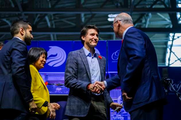 November 1, 2024, Toronto, On, Canada: Prime Minister Justin Trudeau shakes the hand of Ontario Minister of Agriculture, Food and Agribusiness, Rob Flack, at the Royal Agricultural Winter Fair, in Toronto, Friday, Nov. 1, 2024. Toronto Canada  - ZUMAc35_ 20241101_zaf_c35_060 Copyright: xChristopherxKatsarovx