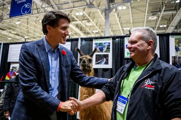November 1, 2024, Toronto, On, Canada: Prime Minister Justin Trudeau greets an alpaca farmer while on tour of the Royal Agricultural Winter Fair, in Toronto, Friday, Nov. 1, 2024. Toronto Canada  - ZUMAc35_ 20241101_zaf_c35_064 Copyright: xChristopherxKatsarovx