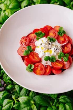 Frischer Tomaten-Basilikum-Salat mit Burrata-Käse Vibrant dish of sliced cherry tomatoes, creamy burrata, and fresh basil leaves on a white plate Copyright: xZoonar.com AntonxDobreax 22276896