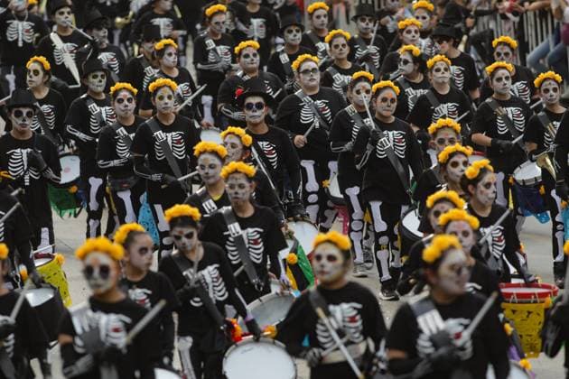 Participants taking part during the 2024 Annual Day of the Dead Mega Parade at Reforma Avenue with a route from Chapultepec to the main square Zocalo as part of Mexican Dia de Muertos celebrations. on November 2, 2024 in Mexico City, Mexico. Mexico City Mexico - ZUMAe321 20241102_zia_e321_026 Copyright: xIanxRoblesx