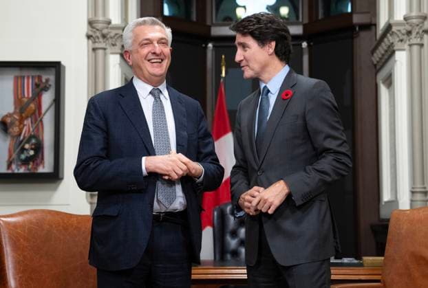November 4, 2024, Ottawa, On, Canada: Prime Minister Justin Trudeau meets with United Nations High Commissioner for Refugees, Filippo Grandi in his office on Parliament Hill, Monday, November 4, 2024 in Ottawa. Ottawa Canada  - ZUMAc35_ 20241104_zaf_c35_060 Copyright: xAdrianxWyldx