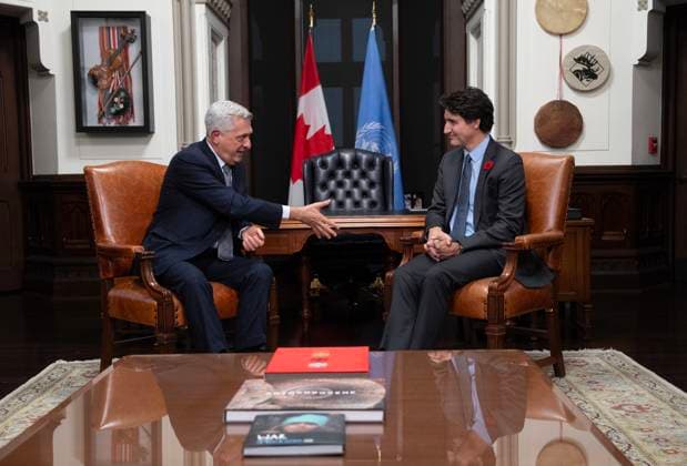 November 4, 2024, Ottawa, On, Canada: Prime Minister Justin Trudeau listens as United Nations High Commissioner for Refugees, Filippo Grandi delivers some opening remarks at the start of a meeting in his office on Parliament Hill, Monday, November 4, 2024 in Ottawa. Ottawa Canada  - ZUMAc35_ 20241104_zaf_c35_061 Copyright: xAdrianxWyldx