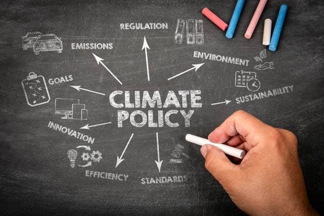 Climate Policy. Illustration with icons, arrows and keywords on a black chalkboard background. Copyright: xEdgarsxSermulisx