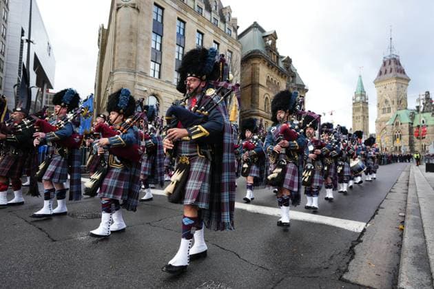 November 11, 2024, Ottawa, On, CAN: Military band members march in a parade to a Remembrance Day ceremony at the National War Memorial in Ottawa on Monday, Nov. 11, 2024. Ottawa CAN  - ZUMAc35_ 20241111_zaf_c35_007 Copyright: xSeanxKilpatrickx