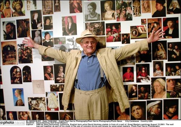 David Hockney And Great Masters 2469 02 West Hollywood, California. English born artist David Hockney stahds in from of a wall of Great Masters paintings August 13,2001. The wall was put together as part of his study in the use of concave mirros and lenses by some great masters. Photo Paul Harris Photography Calabasas USA  Copyright: xPaulxHarrisxPhotographyx