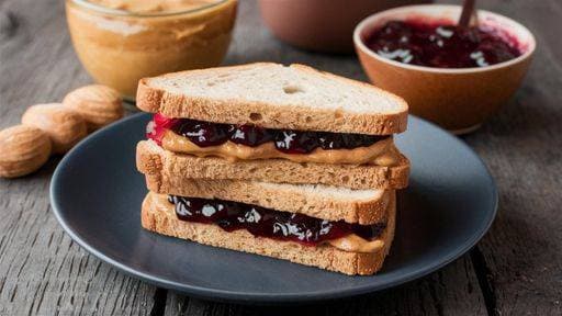 Close-up of a classic peanut butter and jelly sandwich on a rustic wooden table with ingredients in the background. 27035977 RECORD DATE NOT STATED