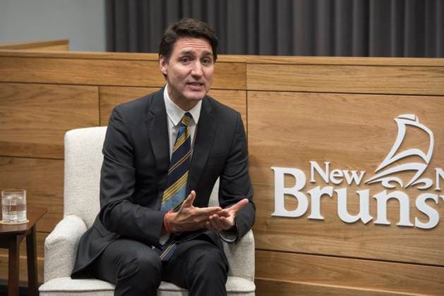 November 12, 2024, Fredericton, New Brunswick, Canada: Prime Minister Justin Trudeau answers media questions as part of a meeting with New Brunswick Premier Susan Holt, not shown, in Fredericton, Tuesday, Nov. 12, 2024. Fredericton Canada  - ZUMAc35_ 20241112_zaf_c35_074 Copyright: xStephenxMacgillivrayx
