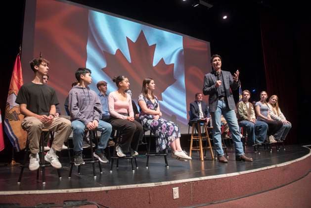 November 12, 2024, Fredericton, Nb, Canada: Prime Minister Justin Trudeau speaks at a townhall meeting with students from Ecole Sainte-Anne in Fredericton, Tuesday, Nov. 12, 2024. Fredericton Canada  - ZUMAc35_ 20241112_zaf_c35_096 Copyright: xStephenxMacgillivrayx