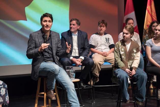 November 12, 2024, Fredericton, Nb, Canada: Prime Minister Justin Trudeau speaks at a townhall meeting with students from Ecole Sainte-Anne in Fredericton, Tuesday, Nov. 12, 2024. Fredericton Canada  - ZUMAc35_ 20241112_zaf_c35_108 Copyright: xStephenxMacgillivrayx