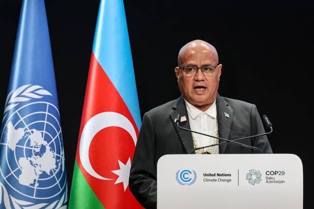 November 13, 2024, Baku, Azerbaijan: Feleti Penitala Teo, Prime Minister of Tuvalu speaks during First Part of the High-Level Segment of United Nations Climate Change Conference in Nizami Plenary Room during COP29, an event held by UNFCCC in Baku Olympic Stadium. COP29, running from November 11-22 focuses on carbon offset and sustainability and mitigation funding. Baku Azerbaijan - ZUMAs197 20241113_aaa_s197_027 Copyright: xDominikaxZarzyckax