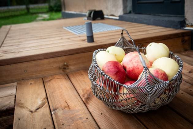 IMAGO Creative, Jahreszeit Herbst auf dem Land Wicker metal basket with ripe apples on the wooden terrace. Copyright: xEdgarsxSermulisx