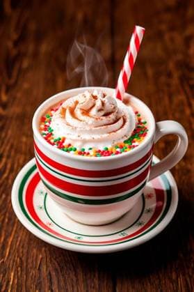 Festive hot chocolate with whipped cream, colorful sprinkles, and a candy cane striped straw on a wooden table. 27073093 RECORD DATE NOT STATED