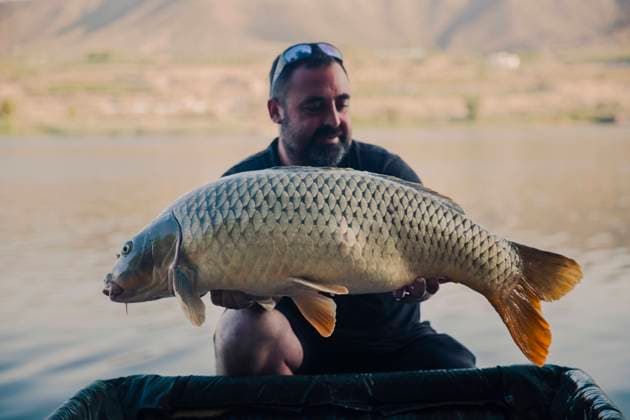 Creative Highlights Symbolbilder Fisherman showing the carp he just caught in a swamp Mequinenza, Aragon, Spain CR_AICA241023-1568946-01 ,model released, Symbolfoto