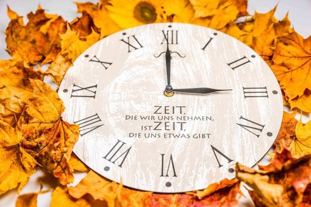 22.10.2024, Handenberg, AUT, Unterwegs in Oberösterreich, Symbolbild, Themenbild, Verschiedene Themenbilder, Feature, Zeitumstellung, im Bild Eine Uhr zeigt 3 Uhr, Uhrzeit, Blätter, Sonnenblume, Zeitumstellung, Winterzeit, Herbst 2024, *** 22 10 2024, Handenberg, AUT, On the road in Upper Austria, symbol image, theme image, various theme images, feature, time change, in the picture A clock shows 3 oclock, time, leaves, sunflower, time change, winter time, fall 2024,