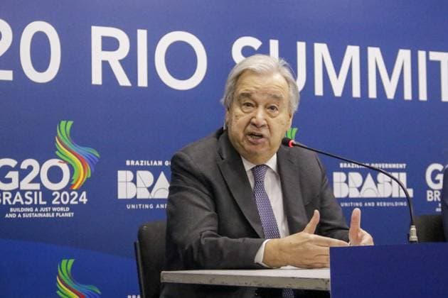 News Themen der Woche KW46 News Bilder des Tages RIO DE JANEIRO, RJ - 17.11.2024: ANTÓNIO GUTERRES FAZ COLETIVA SOBRE O G20 - UN Secretary General António Guterres met with the press on Sunday afternoon (17), at the press center, next to the G20 summit meeting venue. x2652560x  CarlosxEliasxJunior
