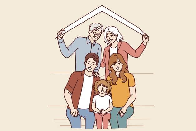 Große, glückliche Familie mit Eltern im Ruhestand und Kindern aus der zweiten Jahrtausendwende mit Enkelkindern unter dem Dach des Hauses. Konzept für den Umzug der Familie aus verschiedenen Generationen in ein neues, mit einer Hypothek erworbenes Haus Large happy family of retired parents and millennial children with grandchildren under roof of house. Concept of relocating family from different generations to new house purchased with mortgage Copyright: imageBROKER EladaxVasilyeva ibxiqx11759420.jpg