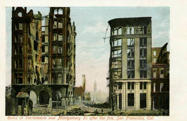 San Francisco earthquake of 1906 XLF3788592 San Francisco earthquake of 1906; (add.info.: San Francisco earthquake of April 18th, 1906. Caption reads: Ruins of Sacramento and Montgomery st. after the fire . American postcard.); Lebrecht History. Copyright: xLebrechtxHistoryx xBridgemanxImagesx 3788592