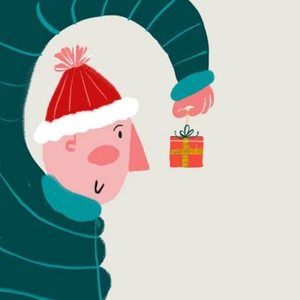 A playful cartoon illustration of a cheerful person wearing a Santa hat, receiving a festive Christmas gift with curiosity and joy. Model Released BrendaFebus_ID25050_725892_005 Copyright: xBrendaxFebusx RECORD DATE NOT STATED