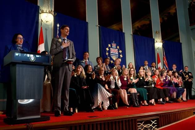 November 18, 2024, Victoria, Bc, CAN: Lt.-Gov. Janet Austin looks on as Premier David Eby takes the oath of office as members from his cabinet join him on stage during the swearing-in ceremony at Government House in Victoria, B.C., on Monday, November 18, 2024. Victoria CAN  - ZUMAc35_ 20241118_zaf_c35_109 Copyright: xChadxHipolitox