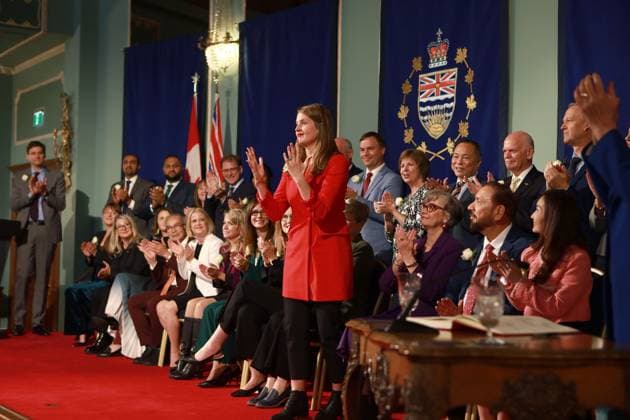 November 18, 2024, Victoria, Bc, CAN: Premier David Eby looks on as Minister for Indigenous Relations and Reconciliation Christine Boyle during the swearing-in ceremony at Government House in Victoria, Monday, Nov. 18, 2024. Victoria CAN  - ZUMAc35_ 20241118_zaf_c35_134 Copyright: xChadxHipolitox