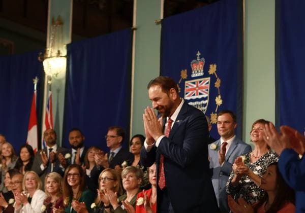 November 18, 2024, Victoria, Bc, CAN: Minister for Mining and Critical Materials Jagrup Brar gestures towards the audience during the swearing-in ceremony at Government House in Victoria, Monday, Nov. 18, 2024. Victoria CAN  - ZUMAc35_ 20241118_zaf_c35_137 Copyright: xChadxHipolitox