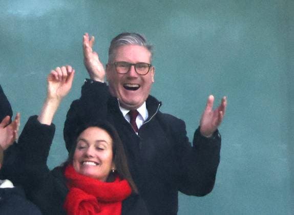 Prime Minister Sir Keir Starmer celebrates as Bukayo Saka (A) scores the first goal for his beloved Arsenal team (1-0), at the Arsenal v Nottingham Forest EPL match, at the Emirates Stadium, London, UK on 23rd November, 2024. 