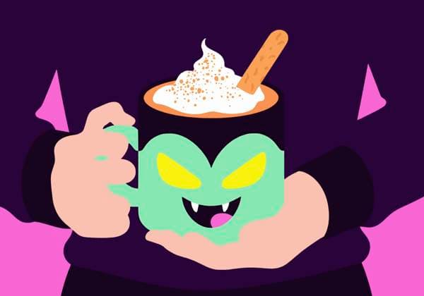 Hands holding a spooky Dracula mug with pumpkin spice latte and biscuit property released, ABSF00432