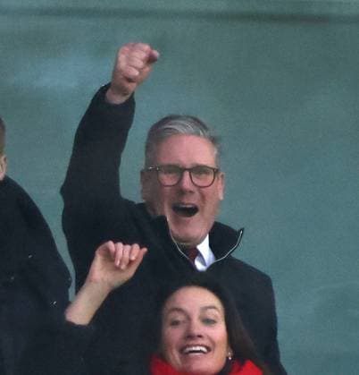 Prime Minister Sir Keir Starmer celebrates as Bukayo Saka (A) scores the first goal for his beloved Arsenal team (1-0), at the Arsenal v Nottingham Forest EPL match, at the Emirates Stadium, London, UK on 23rd November, 2024. 