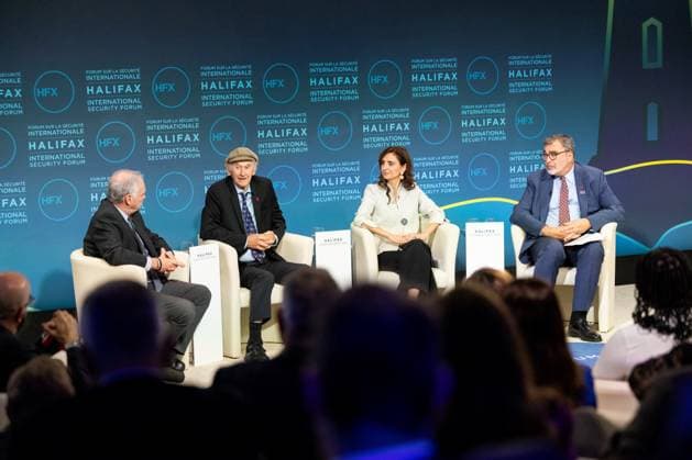 November 23, 2024, Halifax, Ns, CANADA: Senator Tim Kaine, left to right, Manfred Lindenbaum, Roya Hakakian and moderator Mark J. Hetfield attend plenary session at a security forum underway in Halifax, N.S. on Saturday Nov. 23, 2024. Halifax CANADA  - ZUMAc35_ 20241123_zaf_c35_017 Copyright: xKellyxClarkx