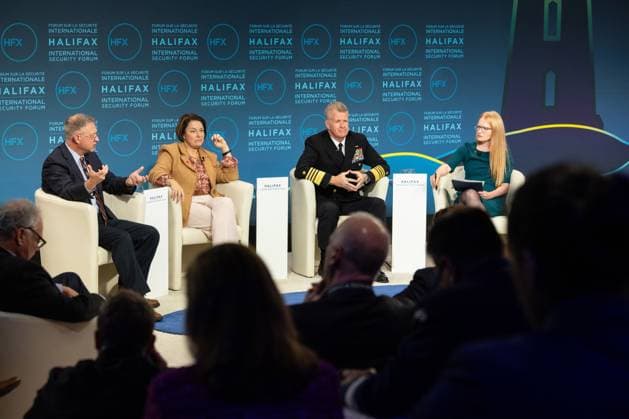 November 23, 2024, Halifax, Ns, CANADA: Dominic Delmolino, left to right, Senator Amy Klobuchar, Admiral Samuel Paparo and moderator Heidi Vogt, take part in the security forum in Halifax, N.S. on Saturday Nov. 23, 2024. Halifax CANADA - ZUMAc35_ 20241123_zaf_c35_057 Copyright: xKellyxClarkx