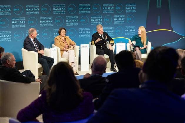 November 23, 2024, Halifax, Ns, CANADA: Dominic Delmolino, left to right, Senator Amy Klobuchar, Admiral Samuel Paparo and moderator Heidi Vogt, take part in the security forum in Halifax, N.S. on Saturday Nov. 23, 2024. Halifax CANADA - ZUMAc35_ 20241123_zaf_c35_058 Copyright: xKellyxClarkx