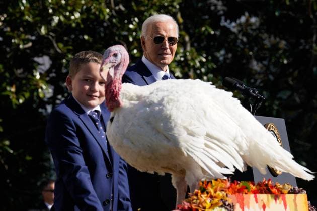 Entertainment Themen der Woche KW48 Bilder des Jahres 2024, News 11 November News Bilder des Tages Entertainment Bilder des Tages Biden Pardons the Thanksgiving Turkey - Washington US President Joe Biden pardons turkeys Peach and Blossom from Minnesota to celebrate the 77th anniversary of the National Thanksgiving Turkey presentation on the South Lawn of the White House in Washington on November 25, 2024. Photo by Yuri Gripas ABACAPRESS.COM Washington United States  Copyright: xPool ABACAx