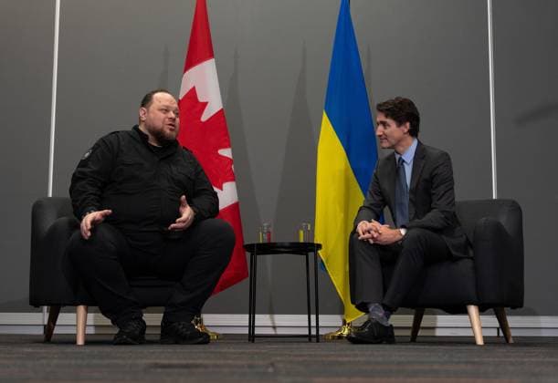 November 25, 2024, Montreal, Pq, CANADA: Prime Minister Justin Trudeau holds a bilateral meeting with Ruslan Stefanchuk, speaker of the Parliament of Ukraine in Montreal, Monday, Nov. 25, 2024. Montreal CANADA  - ZUMAc35_ 20241125_zaf_c35_076 Copyright: xChristinnexMuschix