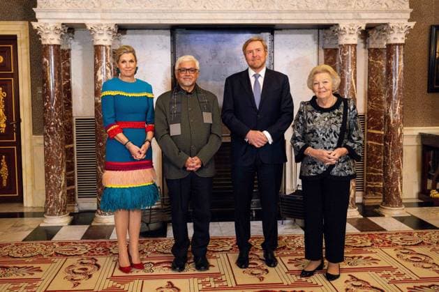 Royals at Erasmus Prize - Amsterdam Queen Maxima, writer Amitav Ghosh, King Willem Alexander and Princess Beatrix during the presentation of the Erasmus Prize at the Royal Palace Amsterdam, Netherlands on November 26, 2024. Photo by Patrick van Emst Bruno Press ABACAPRESS.COM Amsterdam Netherlands  Copyright: xBrunoxPress ABACAx