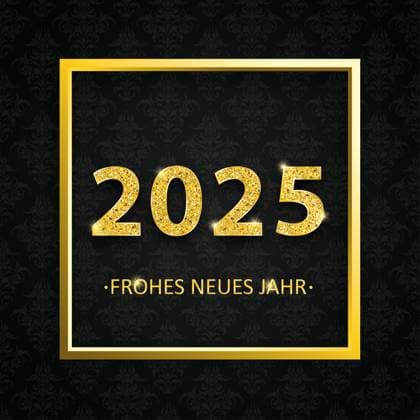 2025 Neues Jahr Golden Frame Black Ornaments Wallpaper German text Frohes Neues Jahr, translate Happy New Year.