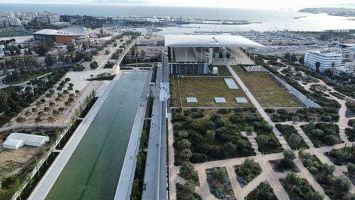Aerial view of Stavros Niarchos Foundation Cultural Center in Athens, Greece, featuring modern architecture and lush gardens. 26802814 RECORD DATE NOT STATED