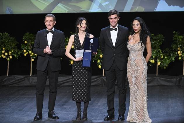 Montecarlo, 21st Montecarlo Film Festival -Award Ceremony Montecarlo, 21st Montecarlo Film Festival - Award Ceremony In the photo: Federica Sabatini, Ezio Greggio, Gabriele Greggio, Natalie Espinoza Monte Carlo  Copyright: xIPA ABACAx
