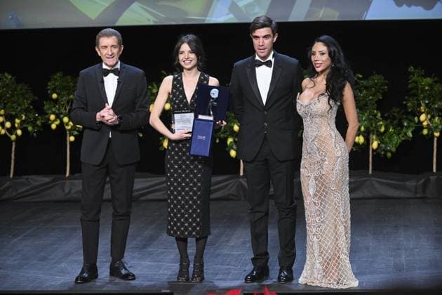 Montecarlo, 21st Montecarlo Film Festival -Award Ceremony Montecarlo, 21st Montecarlo Film Festival - Award Ceremony In the photo: Federica Sabatini, Ezio Greggio, Gabriele Greggio, Natalie Espinoza Monte Carlo  Copyright: xIPA ABACAx
