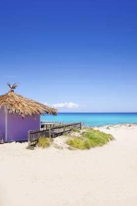 Formentera tropischen lila Hütte auf türkisfarbenen weißen Sandstrand Formentera tropical purple hut on turquoise white sand beach Copyright: imageBROKER TONOxBALAGUER ibxtbb11840734.jpg