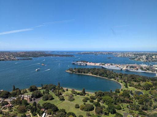 Aerial view of Sydney Harbour showcasing the lush greenery of the Royal Botanic Garden and the vast expanse of water under a clear blue sky. 26139707 RECORD DATE NOT STATED