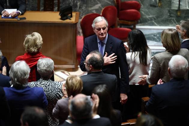 News Themen der Woche KW49 News Bilder des Tages Session Discussion and Vote on The Motion of Censure - Paris French Prime Minister Michel Barnier during the debate prior to the no-confidence votes on Prime Minister Barnier s administration at the National Assembly in Paris, France on December 4, 2024. The French National Assembly debates two motions brought by the French left-wing Nouveau Front Populaire (New Popular Front) NFP coalition and the French far-right Rassemblement National (National Rally) RN party in a standoff over 2025 s austerity budget, which saw French Prime Minister force through a social security financing bill without a vote (article 49.3) on December 2, 2024. Photo by Raphael Lafargue ABACAPRESS.COM Paris France  Copyright: xLafarguexRaphael ABACAx
