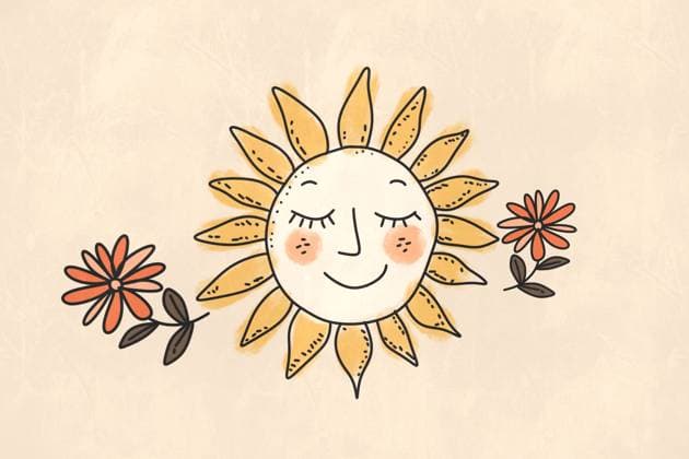 Whimsical illustration of a smiling sun with a face, surrounded by two flowers The cheerful design on a beige background conveys warmth and positivity Ideal for children s art Model Released HodeiUnzueta_ID25291_731526_011 Copyright: xHodeixUnzuetax RECORD DATE NOT STATED