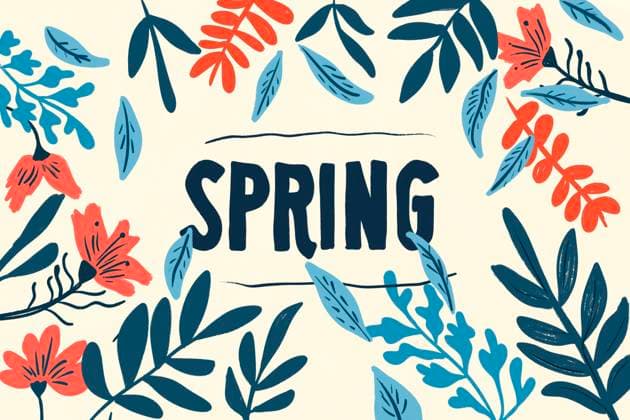 A vibrant illustration features the word SPRING surrounded by colorful leaves and flowers. Perfect for seasonal designs, evoking freshness and renewal. Model Released HodeiUnzueta_ID25396_734086_002 Copyright: xHodeixUnzuetax RECORD DATE NOT STATED