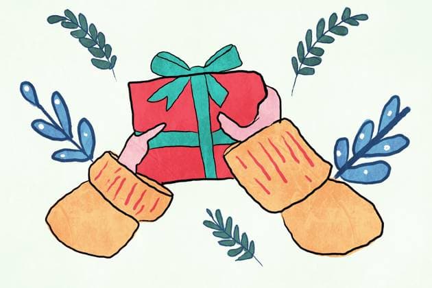 A vibrant illustration featuring cozy mittens holding a red gift, surrounded by delicate blue and green winter foliage, ideal for seasonal greetings Model Released HodeiUnzueta_ID25398_734109_002 Copyright: xHodeixUnzuetax RECORD DATE NOT STATED