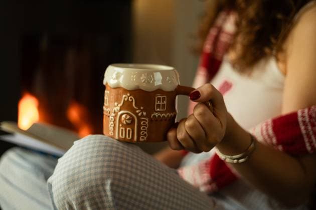 A girl holds a festive mug shaped like a gingerbread cookie, surrounded by warm Christmas decor The cozy atmosphere reflects holiday warmth and seasonal joy Model Released Ptashkimenko_ID25464_736295_002 Copyright: xPtashkimenkox RECORD DATE NOT STATED